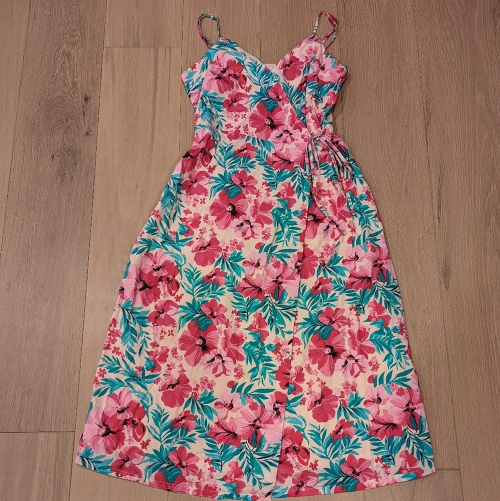 Floral Pink and Green Tropical wrap midi dress